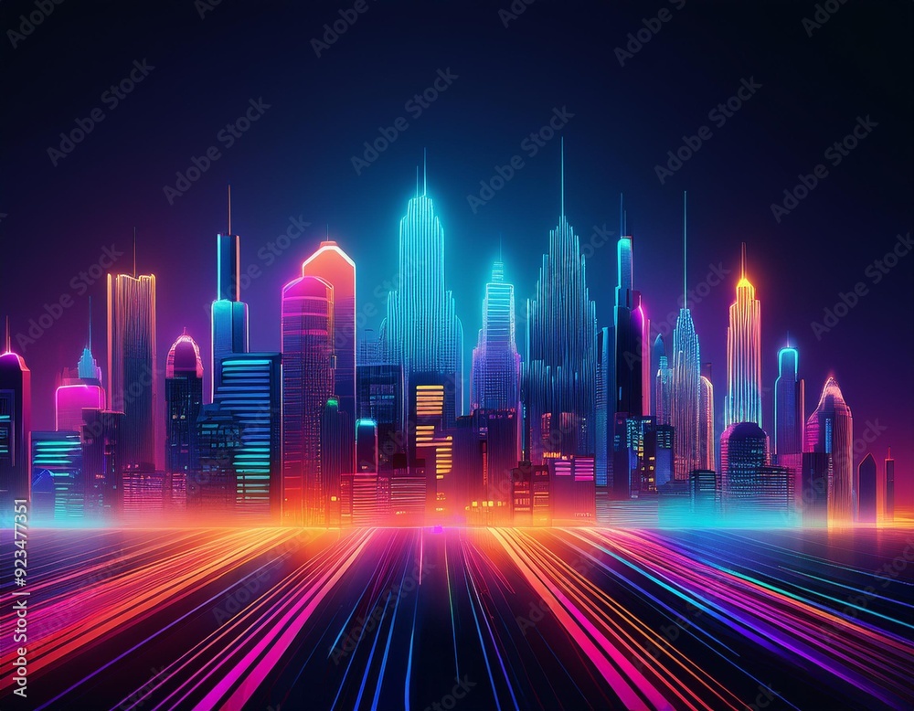 Abstract neon city skyline with colorful lights.