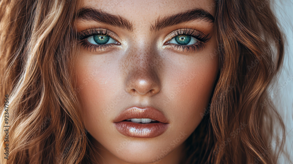 Fototapeta premium Gorgeous model with wavy hair, vivid blue-green eyes, and a direct gaze at the camera. Features 