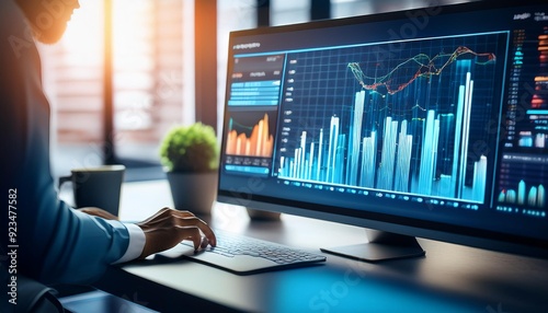 Closeup of computer screen displaying data and charts.