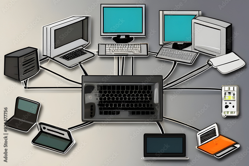 Network Infrastructure: Server, Laptops, and Connected Devices,Business, technology and finance trends,Abstract technology background with icons Network Infrastructure: Server, Laptops, and Connected Devices,Business, technology and finance trends,Abstract technology background with icons