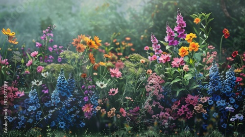 Capture the charm of a wild flower garden with an assortment of flowers in different colors and shapes, creating a natural and whimsical scene