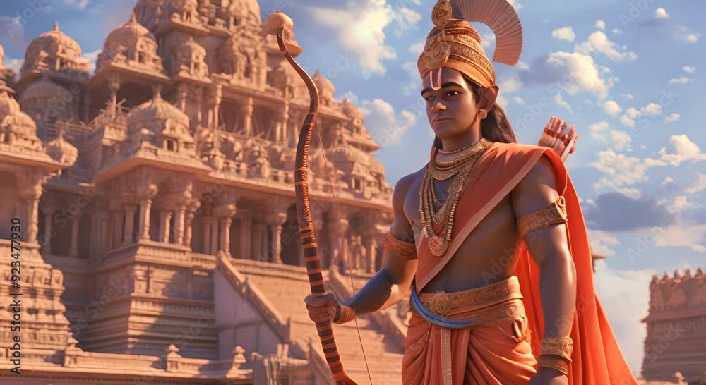 Lord Ram in traditional attire, holding a bow in front of the grand Ram Mandir. 