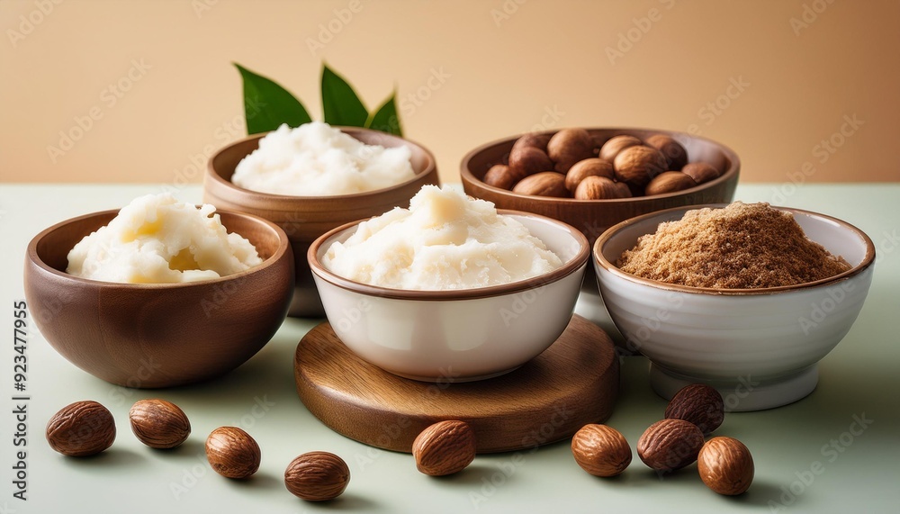 Shea butter and nut filled bowls on a bright backdrop Shea butter and nut filled bowls on a bright backdrop