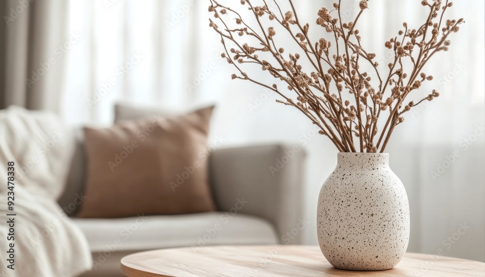 Dried branches in a decorative vase on a table with a cozy sofa in a modern living room Dried branches in a decorative vase on a table with a cozy sofa in a modern living room