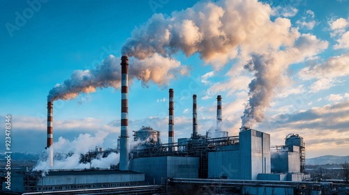 A factory with smoke coming out of the chimneys.