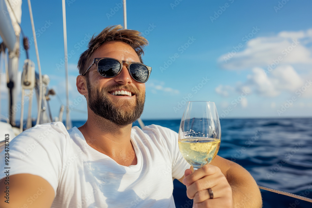 Man Enjoying a Drink on a Sailboat at Sea Man Enjoying a Drink on a Sailboat at Sea