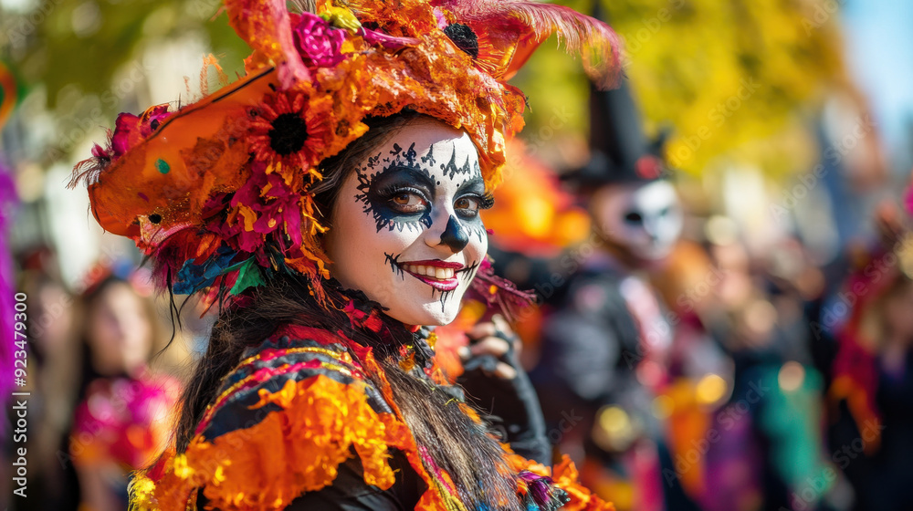 Halloween-themed street festival with vibrant costumes, street performers, and festive decorations. Halloween-themed street festival with vibrant costumes, street performers, and festive decorations.