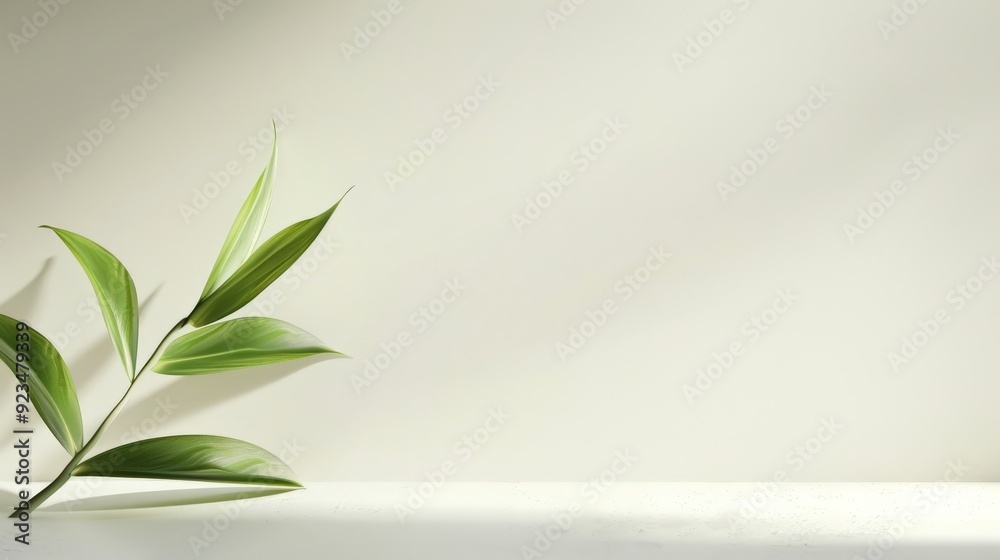 This image features a minimalist branch adorned with green leaves, gracefully positioned against a pale background, highlighting a clean and simple aesthetic. This image features a minimalist branch adorned with green leaves, gracefully positioned against a pale background, highlighting a clean and simple aesthetic.