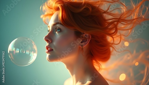 Candid image, photography, natural textures, highly realistic light, editorial, Magical light reflects strokes portrait of a red haired person, motion blur lights, side view, one big bubble around her