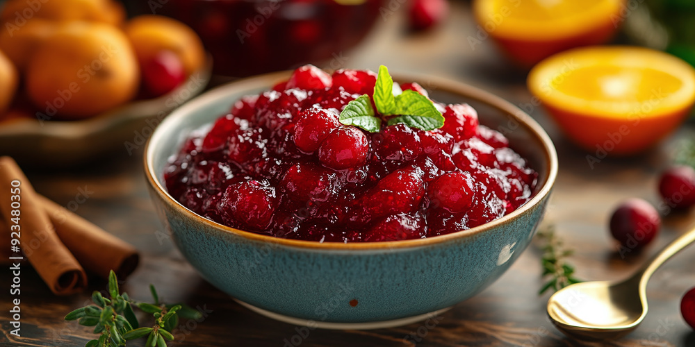Cranberry Sauce: A vibrant, tangy cranberry sauce with a bright red hue, made from fresh cranberries and sweetened with a touch of orange zest