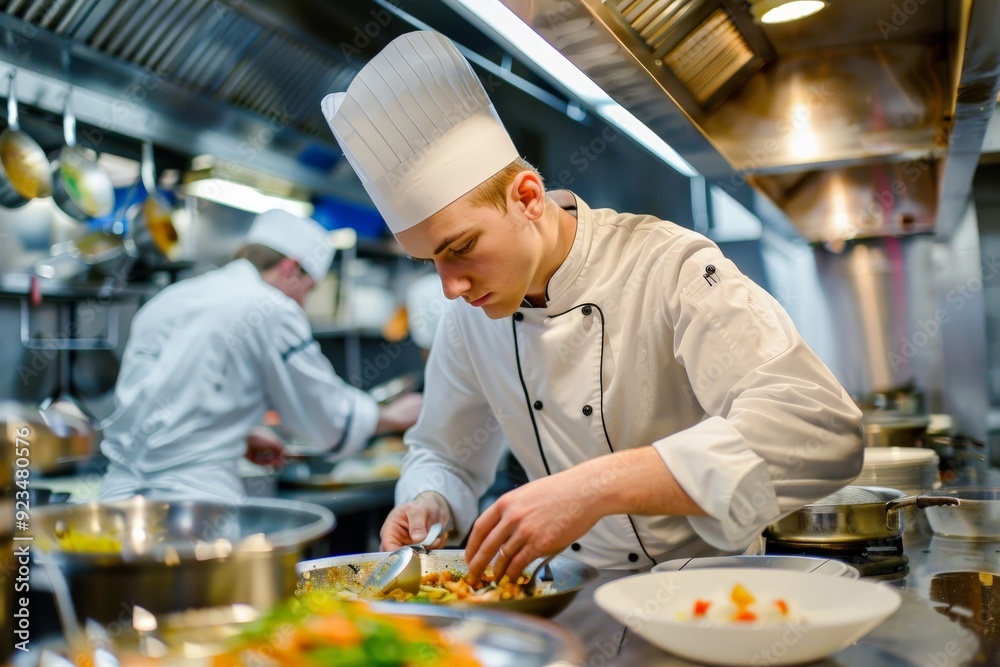 A chef in a white uniform intensely focusing on creating a gourmet dish in a busy, modern restaurant kitchen, representing dedication, skill, and passion for culinary arts.