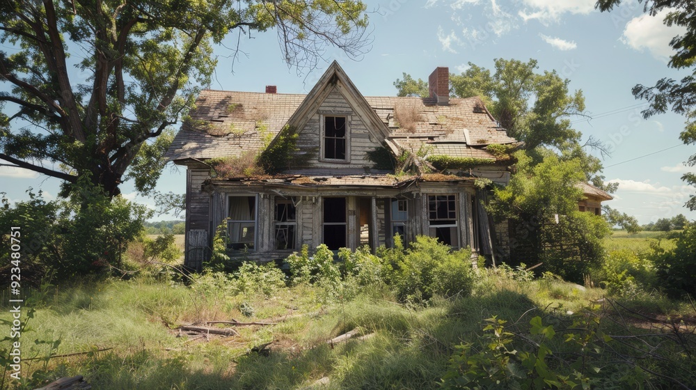 Capture the haunting beauty of a broken-down house with a damaged facade, shattered windows, and a dilapidated roof. Capture the haunting beauty of a broken-down house with a damaged facade, shattered windows, and a dilapidated roof.