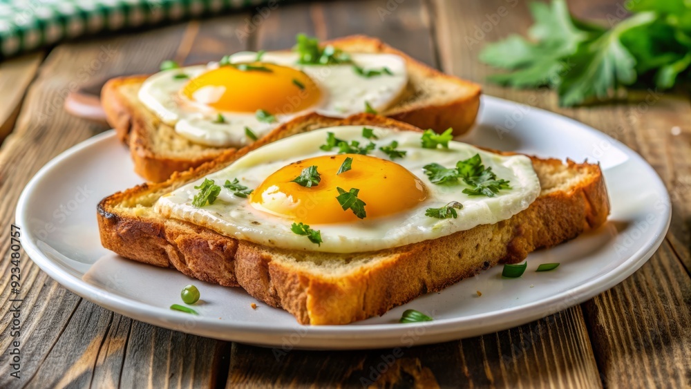 Golden-brown fried eggs, crispy on the edges and runny in the center, sit atop a crispy slice of toasted bread on a white plate. Golden-brown fried eggs, crispy on the edges and runny in the center, sit atop a crispy slice of toasted bread on a white plate.