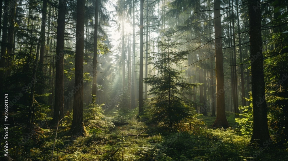 A stunning forest scene featuring tall trees standing amidst thick green foliage, with sunlight streaming through, creating a breathtaking natural light display. A stunning forest scene featuring tall trees standing amidst thick green foliage, with sunlight streaming through, creating a breathtaking natural light display.