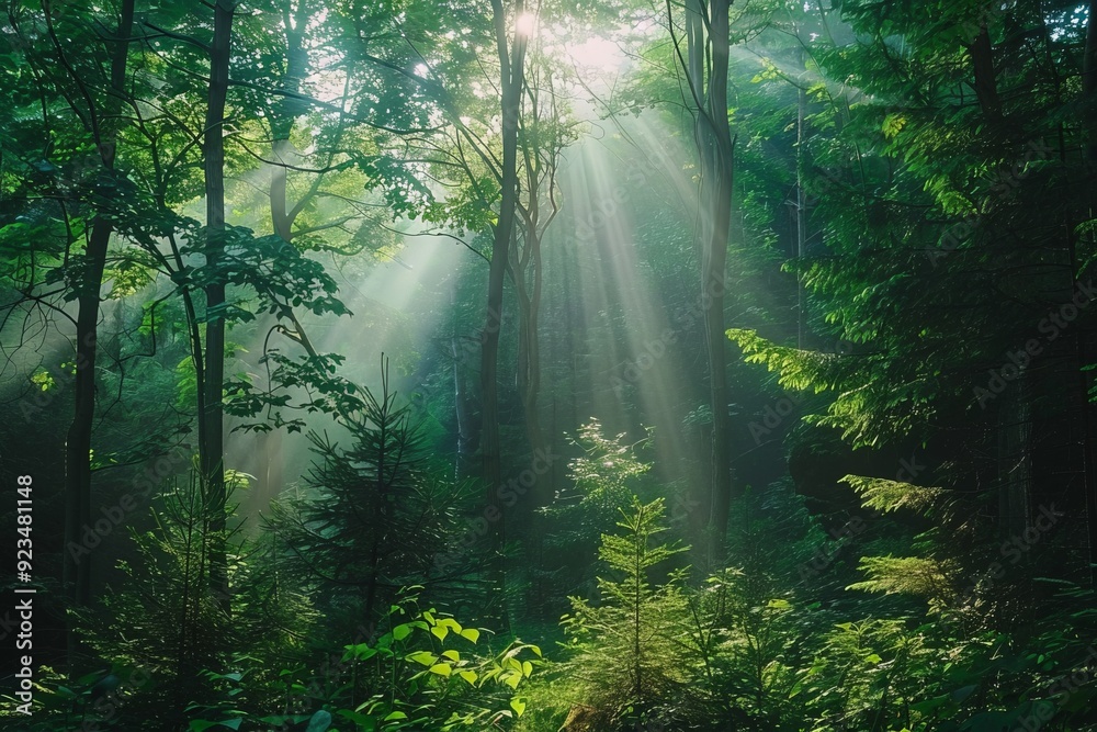 Obraz premium Sunlight beams through a vibrant forest after rain, casting beautiful light and shadow patterns on the lush, wet foliage, creating a fresh and invigorating scene.