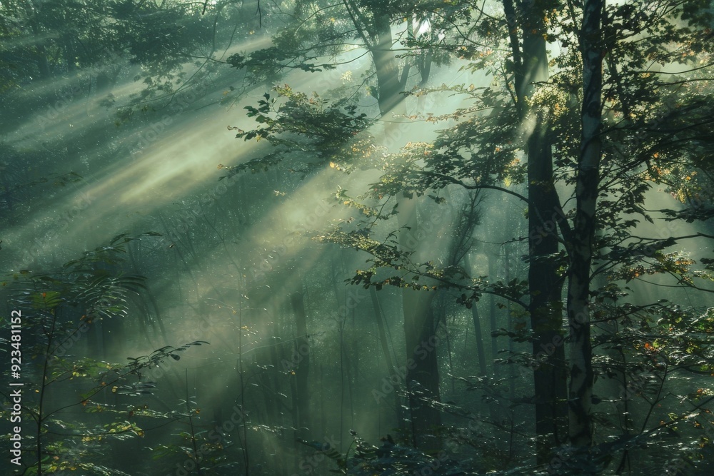 A mystical foggy forest scene where sunlight breaks through the fog to illuminate the dense trees and leaves, creating a serene and captivating natural display. A mystical foggy forest scene where sunlight breaks through the fog to illuminate the dense trees and leaves, creating a serene and captivating natural display.