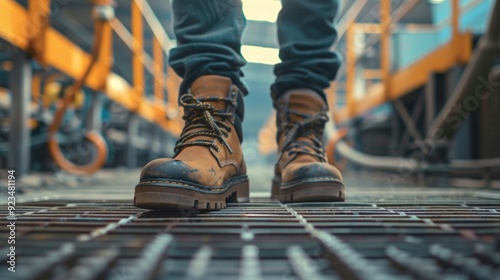 Wearing Shoes. Worker in Protective Boots at Factory for Safety and Protection