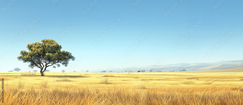 Serene Savannah Scenery with Acacia Trees and Wildlife - Detailed Illustration of Grasslands and Clear Blue Sky Serene Savannah Scenery with Acacia Trees and Wildlife - Detailed Illustration of Grasslands and Clear Blue Sky