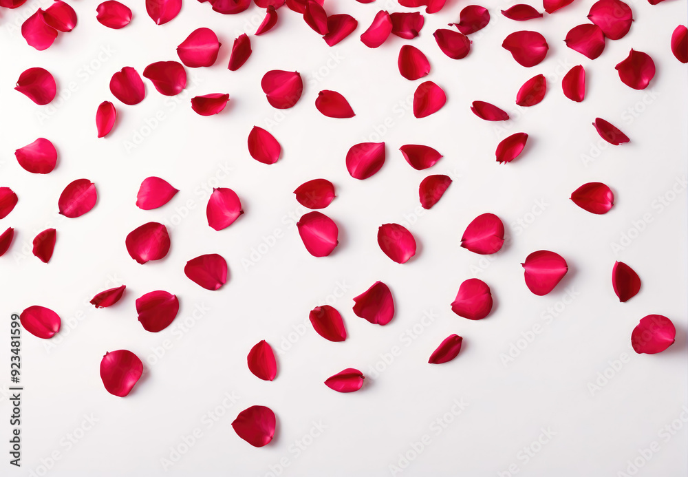 Vibrant Red Rose Petals Scatter Across a Soft White Surface for Romantic Celebrations Vibrant Red Rose Petals Scatter Across a Soft White Surface for Romantic Celebrations