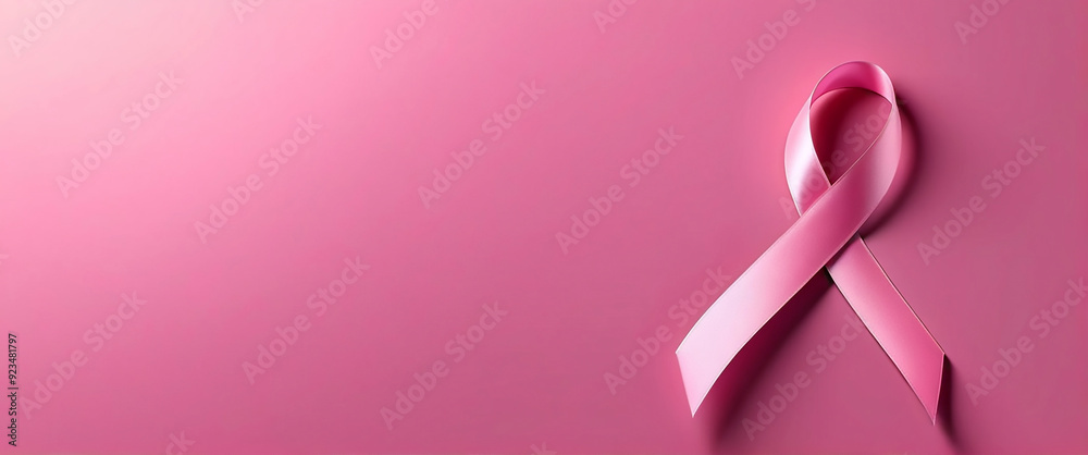 Fototapeta premium Elegant Pink Ribbon on Pink Background Symbolizing International Breast Cancer Day