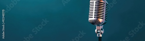 Classic vintage microphone on a turquoise background, perfect for music, podcasting, and vocal performance themes. photo