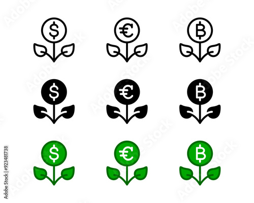 Money tree icon. Dollar plant sign. Funding symbol. Bitcoin pictogram. Passive income design. Growing money illustration.