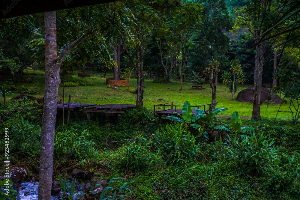 A lush green field with a wooden bridge and a stone wall A lush green field with a wooden bridge and a stone wall