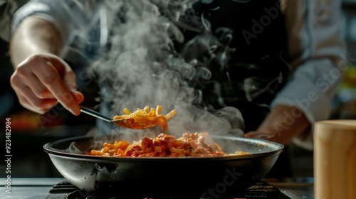 A Chef Cooking Pasta in a Pan with Steam Rising in a Professional Kitchen. This Close-Up Shows the Delicious Food Being Stirred. Ideal for Culinary Blogs, Recipe Sites, and Cooking Enthusiasts. AI