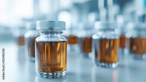 Single glass bottle filled with amber liquid in sharp focus, among many others in the blurred background, emphasizing isolation, attention to detail, and scientific rigor.