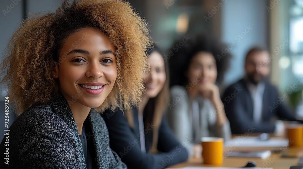 A confident woman smiles at a meeting table, showcasing teamwork and collaboration in a modern office setting. A confident woman smiles at a meeting table, showcasing teamwork and collaboration in a modern office setting.