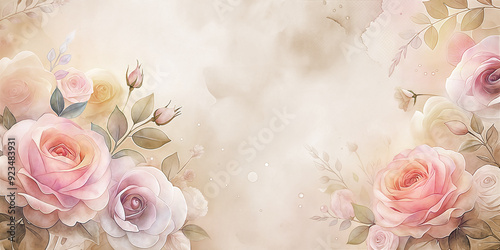Watercolour delicate summer roses blossom composition in pastel background with copy space for multiple uses cards: wedding invitation, card design, spring floral invitation card, thank you card