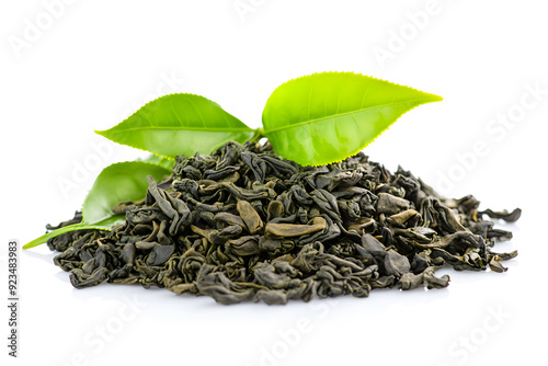 Pile of green tea leaves isolated on white photo