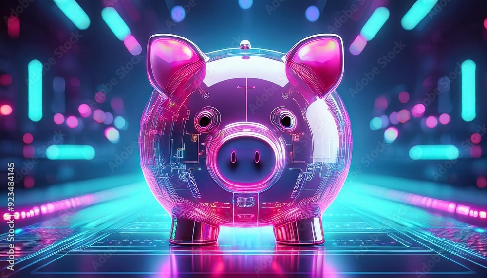 Fototapeta premium Cute pink piggy bank in a futuristic, neon-lit, technology setting with digital and cyber elements.