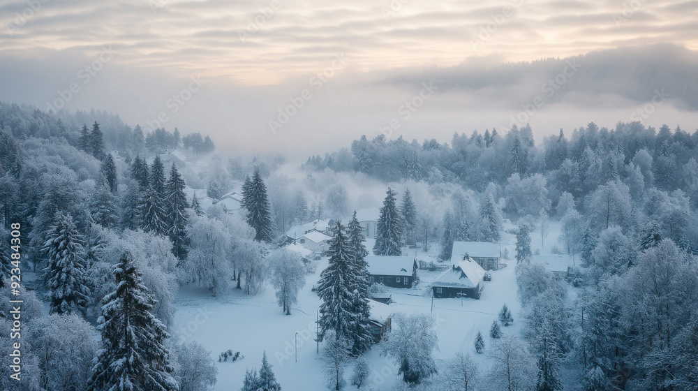 Fototapeta premium High-angle view of a winter wonderland with light rain creating a misty atmosphere over snow-covered trees and buildings.