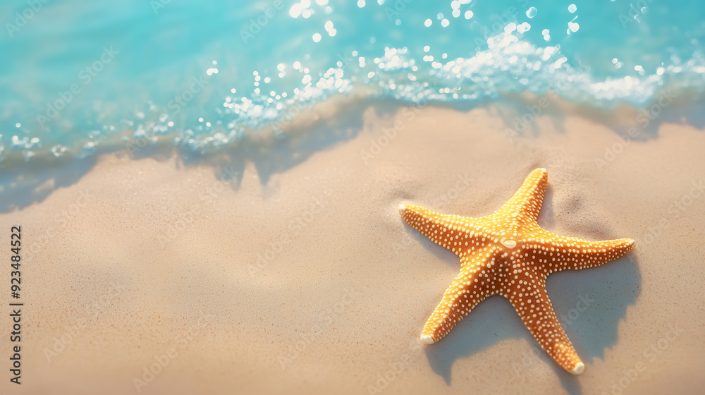 Starfish on sand in sea water. Summer background with empty space for text. Vacation and travel concept Starfish on sand in sea water. Summer background with empty space for text. Vacation and travel concept