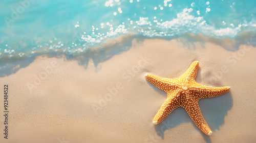 Starfish on sand in sea water. Summer background with empty space for text. Vacation and travel concept