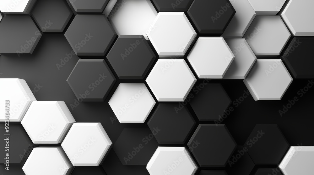 Interlocking hexagons forming a seamless optical illusion, with high-contrast black and white tones, creating a mesmerizing visual effect Interlocking hexagons forming a seamless optical illusion, with high-contrast black and white tones, creating a mesmerizing visual effect