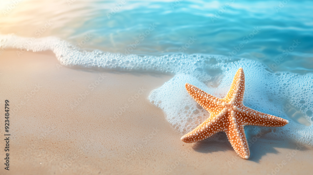Starfish on sand in sea water. Summer background with empty space for text. Vacation and travel concept Starfish on sand in sea water. Summer background with empty space for text. Vacation and travel concept