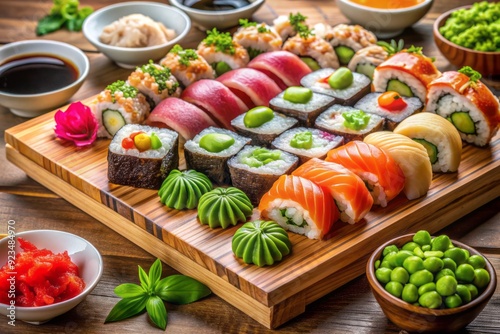 Vibrant assortment of sushi rolls, sashimi, and edamame arranged on a wooden platter, surrounded by dipping sauces and garnishes, perfect for a family gathering.