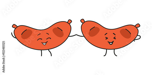 Funny couple of sausages holding hands kawaii characters vector illustration isolated on white.