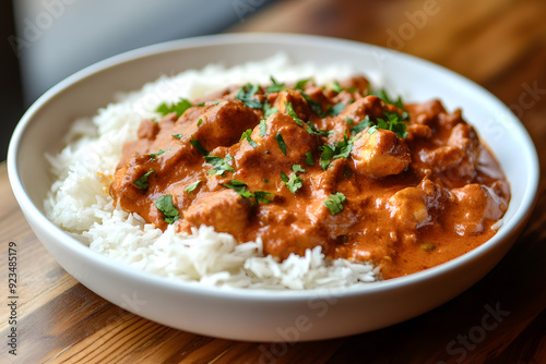 Indian chicken tikka masala with rice commercial advertising photo 