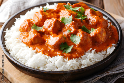 Indian chicken tikka masala with rice commercial advertising photo 