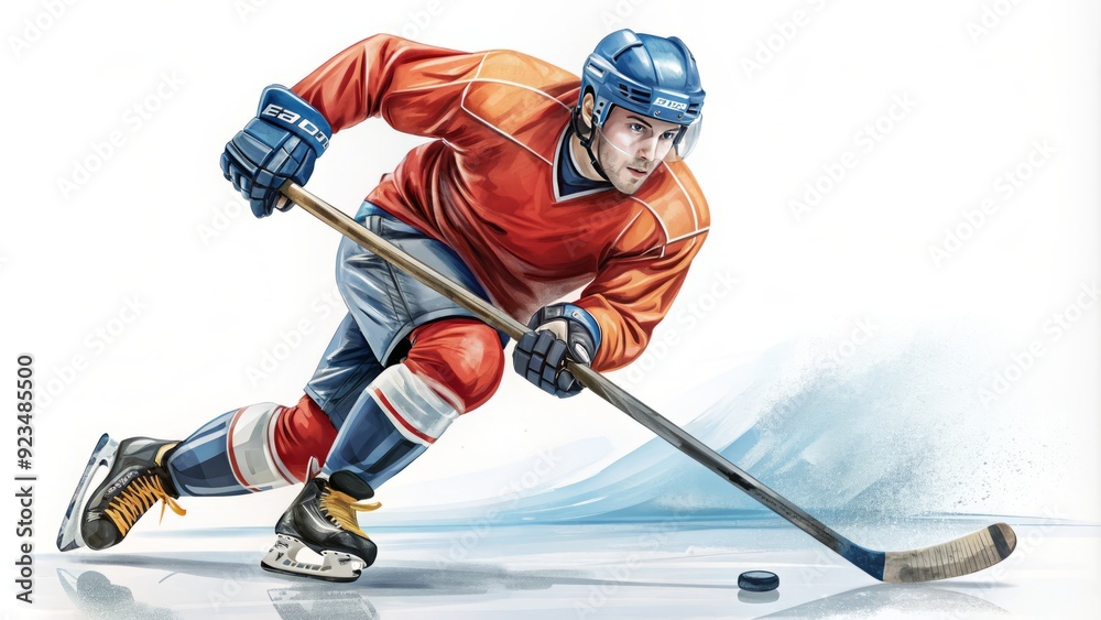 Obraz premium Illustrative sketch of a hockey player in action, stickhandling the puck while wearing a helmet and protective gear, set against a clean white background.