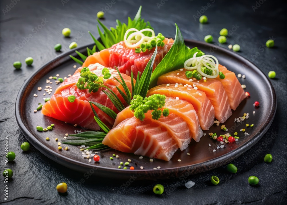 Vibrant arrangement of fresh raw fish sashimi, sliced into delicate pieces, garnished with green onions and sesame seeds, served on a sleek black platter. Vibrant arrangement of fresh raw fish sashimi, sliced into delicate pieces, garnished with green onions and sesame seeds, served on a sleek black platter.