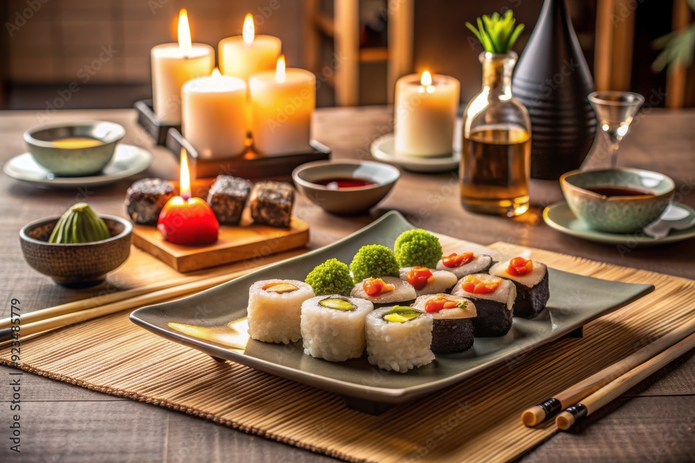 Elegant dinner setup featuring assorted sushi rolls, sake, and candles on a minimalist tablecloth, perfect for a romantic evening in. Elegant dinner setup featuring assorted sushi rolls, sake, and candles on a minimalist tablecloth, perfect for a romantic evening in.