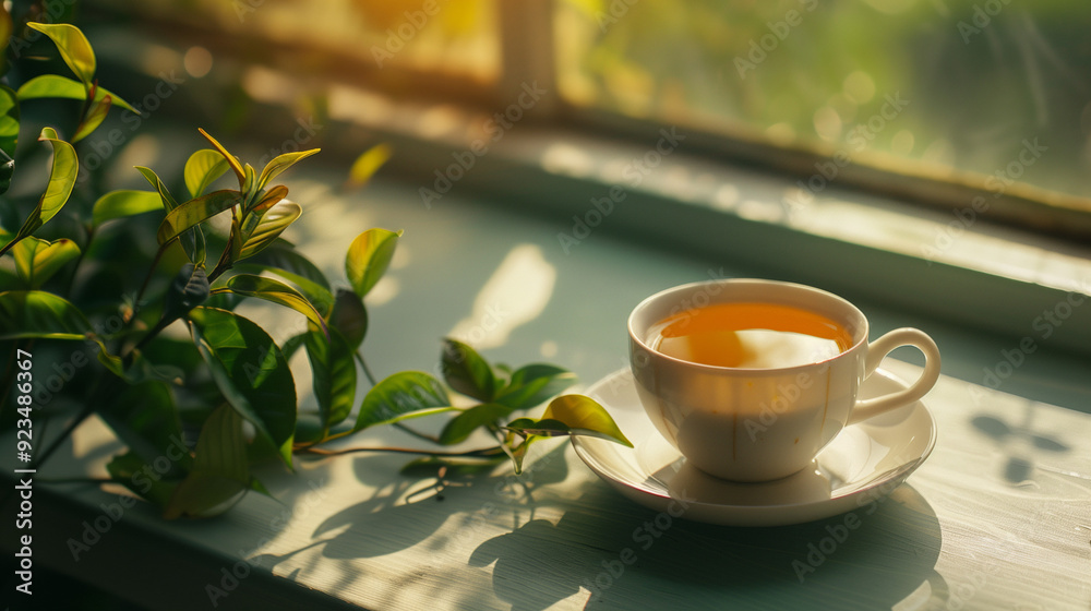 White minimalistic cup of green herbal tea on the windowsill on a sunny day next to green plants on the window White minimalistic cup of green herbal tea on the windowsill on a sunny day next to green plants on the window
