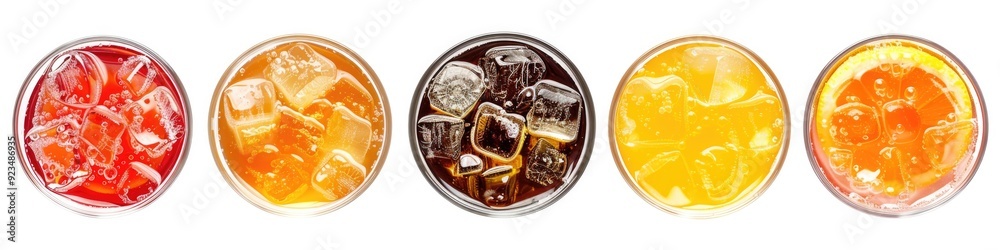 Drinks Top View. Soft Cola and Fanta in Glasses with Ice, Isolated on White Background Drinks Top View. Soft Cola and Fanta in Glasses with Ice, Isolated on White Background