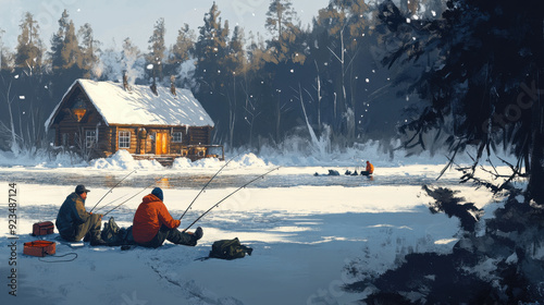 Ice fishing scene with travelers sitting on the frozen lake, fishing rods in hand, and a warm cabin in the background.