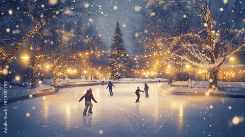 Ice skaters gliding on a frozen pond, surrounded by snow-covered trees and twinkling lights. photo