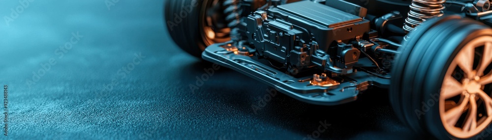 Obraz premium high-tech remote control car showcasing intricate parts and modern design on a smooth surface.